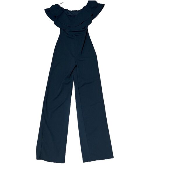 Fashion Nova Off Shoulder Jumpsuit Size S Black Ruffle Hem Minimalist Party - Picture 1 of 10
